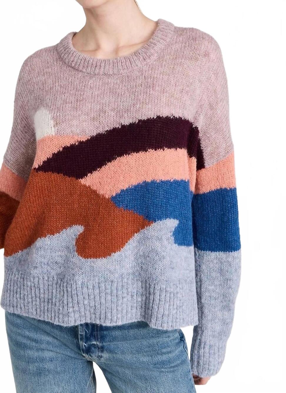 NEW FAHERTY abstract crew sweater in emerald bay
